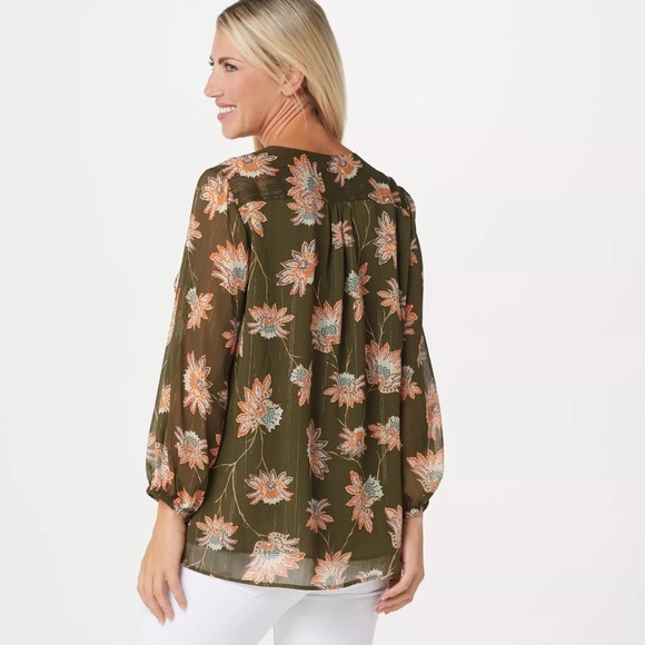 Belle by Kim Gravel chiffon blouson ruffle top green - Picture 5 of 5